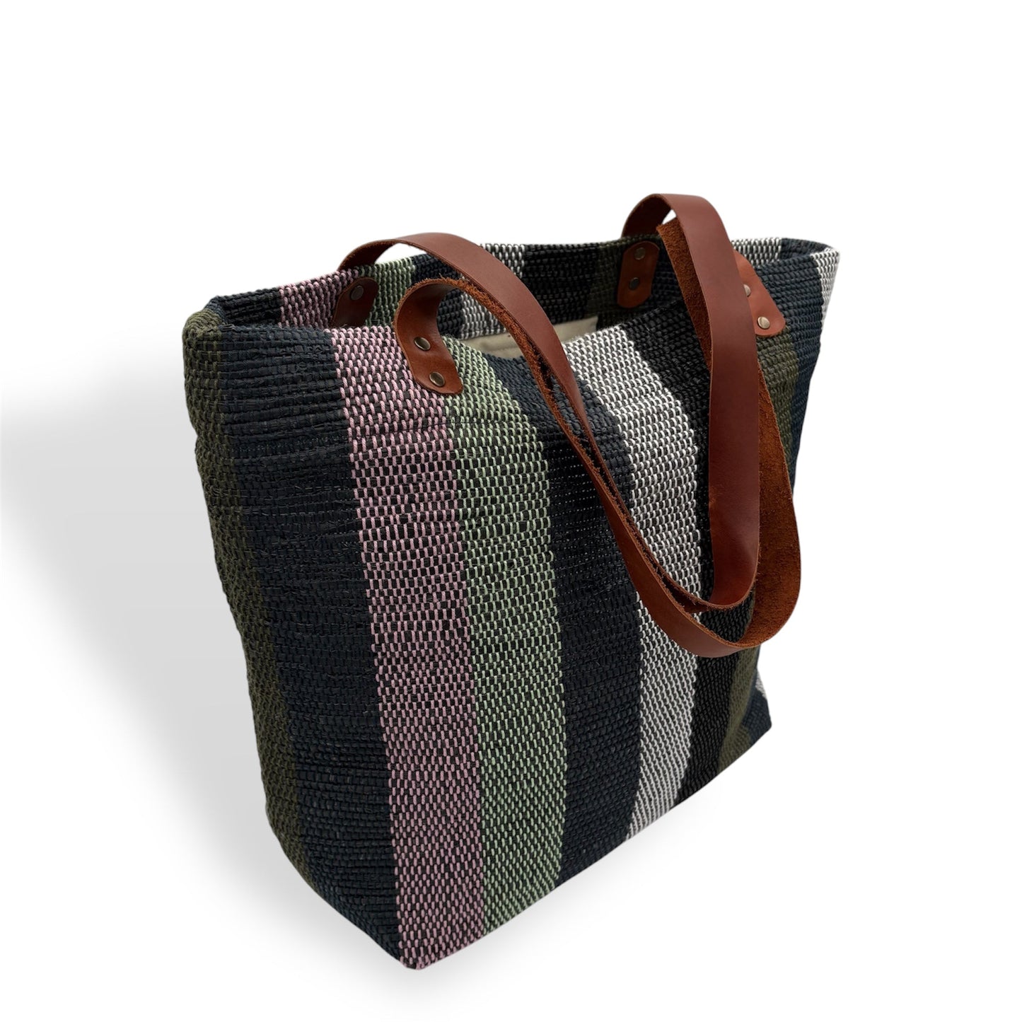 Upcycled Tote Bag with Leather Straps - Black, Pistachio & Pink Stripes