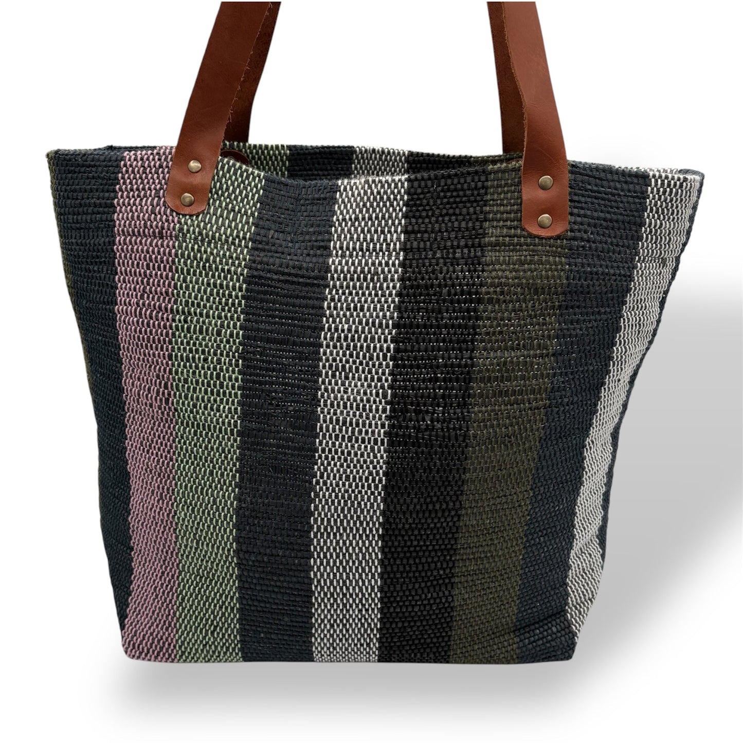 Upcycled Tote Bag with Leather Straps - Black, Pistachio & Pink Stripes