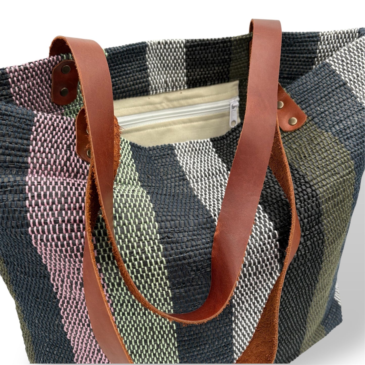 Upcycled Tote Bag with Leather Straps - Black, Pistachio & Pink Stripes