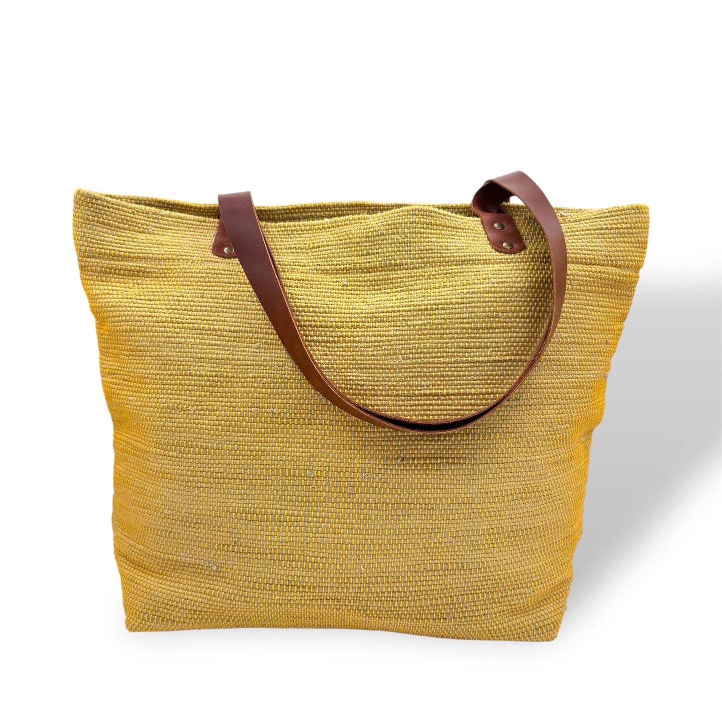 Upcycled Tote Bag with Leather Straps - Mustard