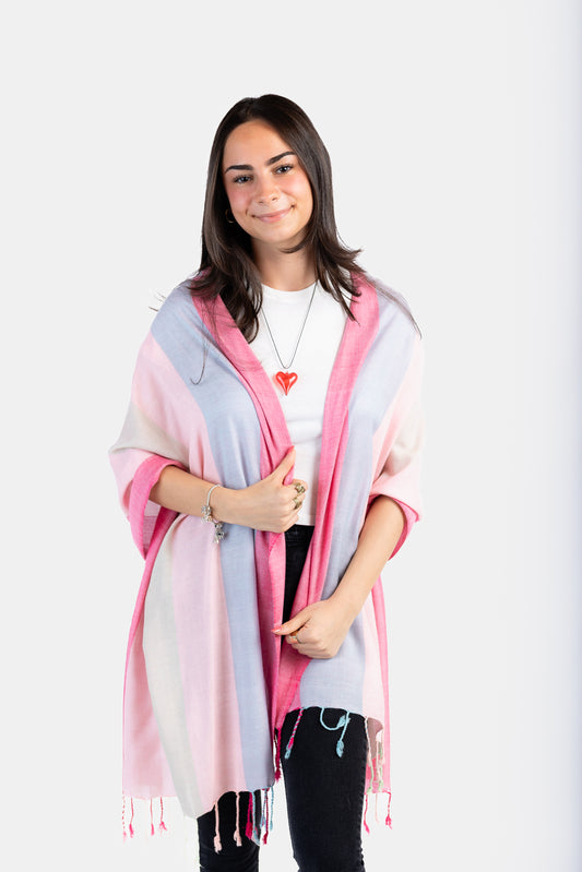 Wide Striped Handwoven Bamboo Viscose Scarf - Pink & Sky Blue