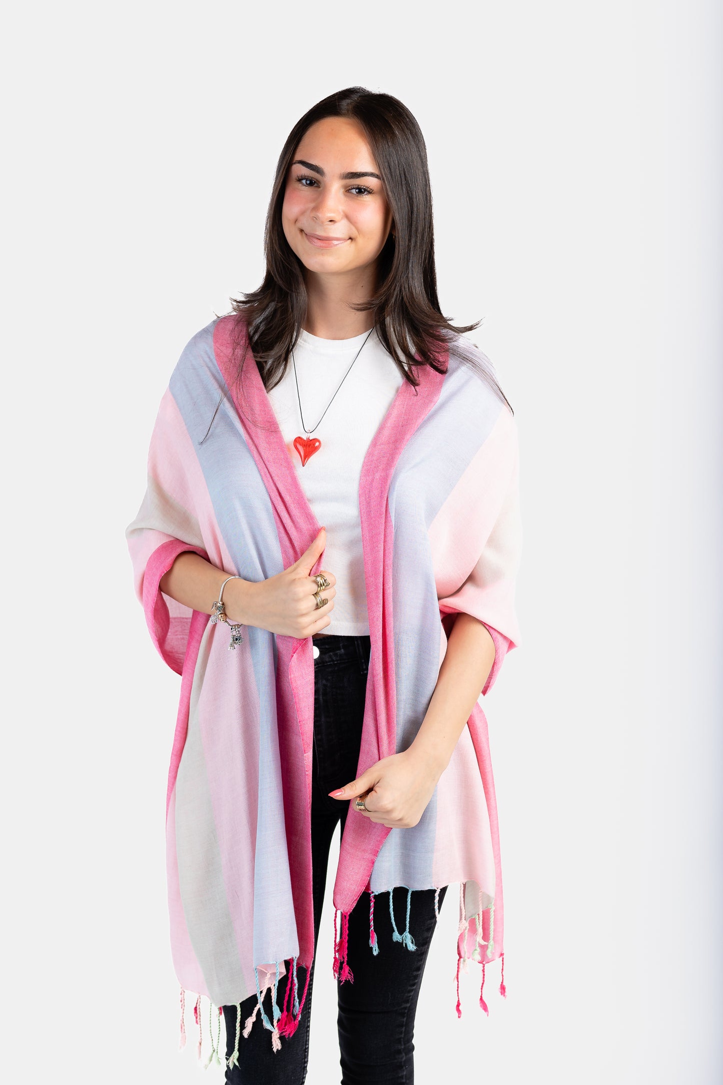 Wide Striped Handwoven Bamboo Viscose Scarf - Pink & Sky Blue