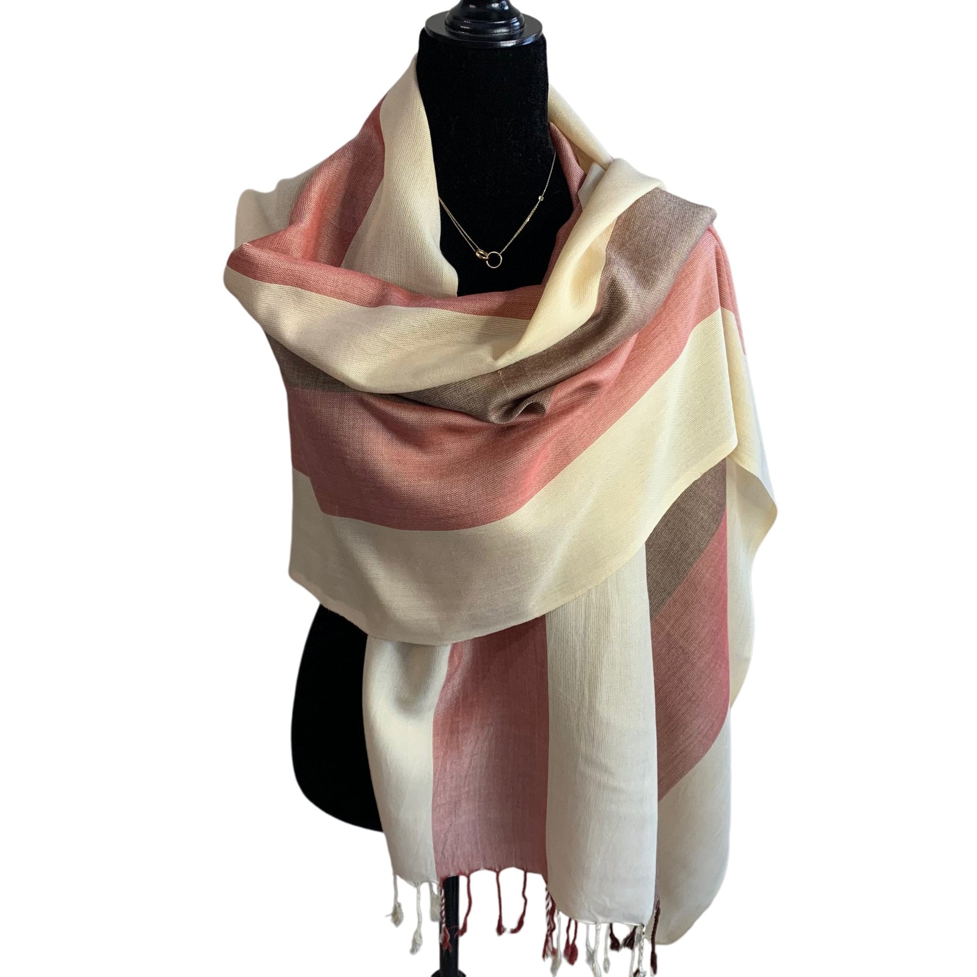 Wide Striped Handwoven Bamboo Viscose Scarf - Brick & Brown: Earthy Tones