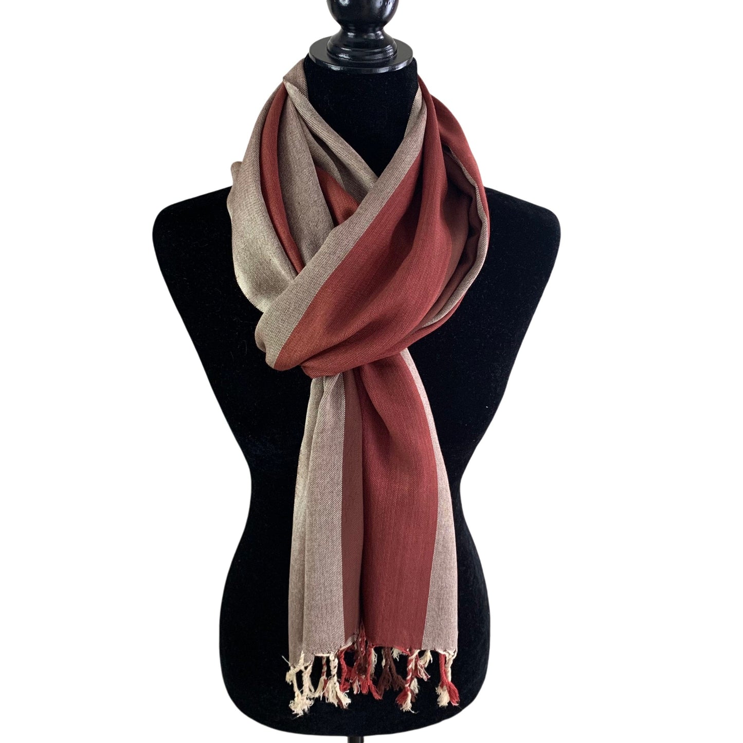 Wide Striped Handwoven Bamboo Viscose Scarf - Brick & Brown: Warm Tones