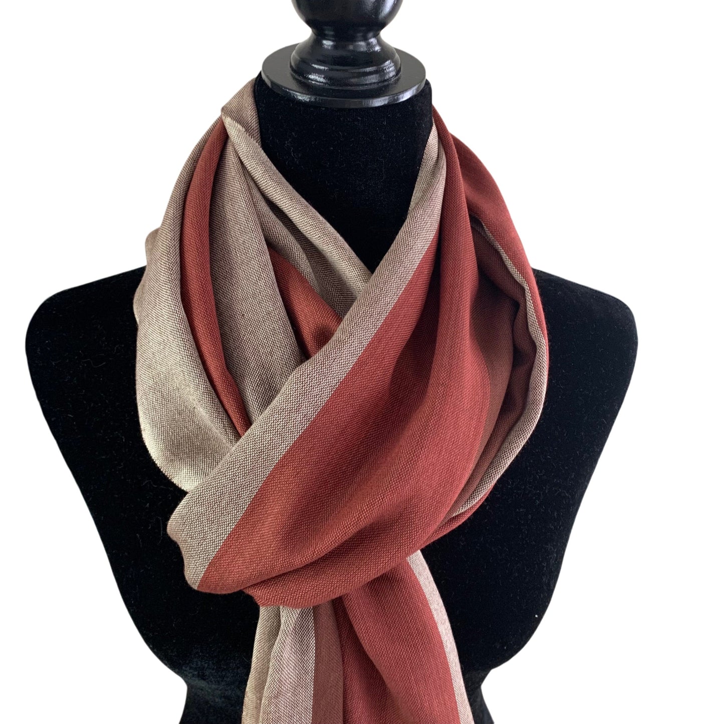 Wide Striped Handwoven Bamboo Viscose Scarf - Brick & Brown: Warm Tones