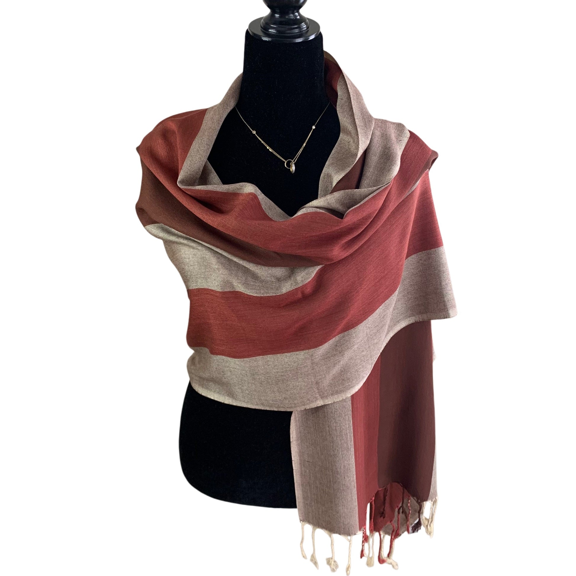 Wide Striped Handwoven Bamboo Viscose Scarf - Brick & Brown: Warm Tones