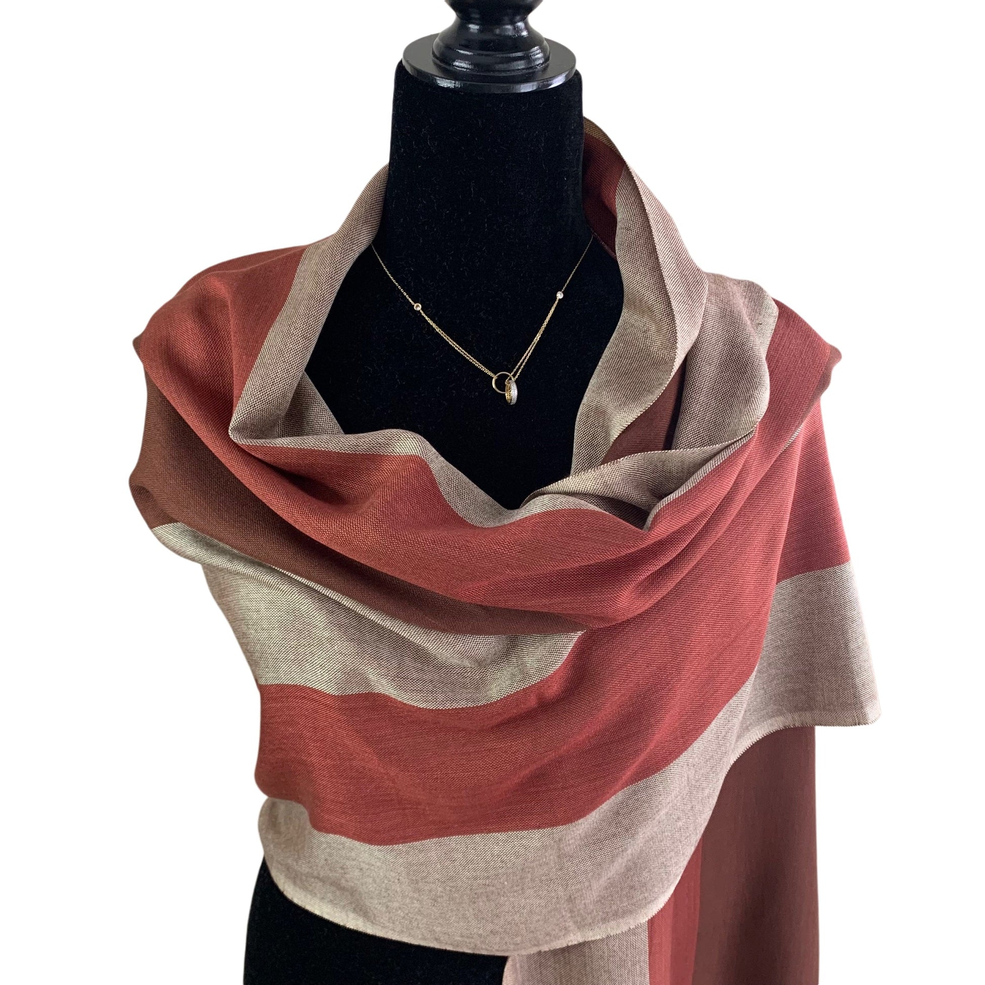 Wide Striped Handwoven Bamboo Viscose Scarf - Brick & Brown: Warm Tones