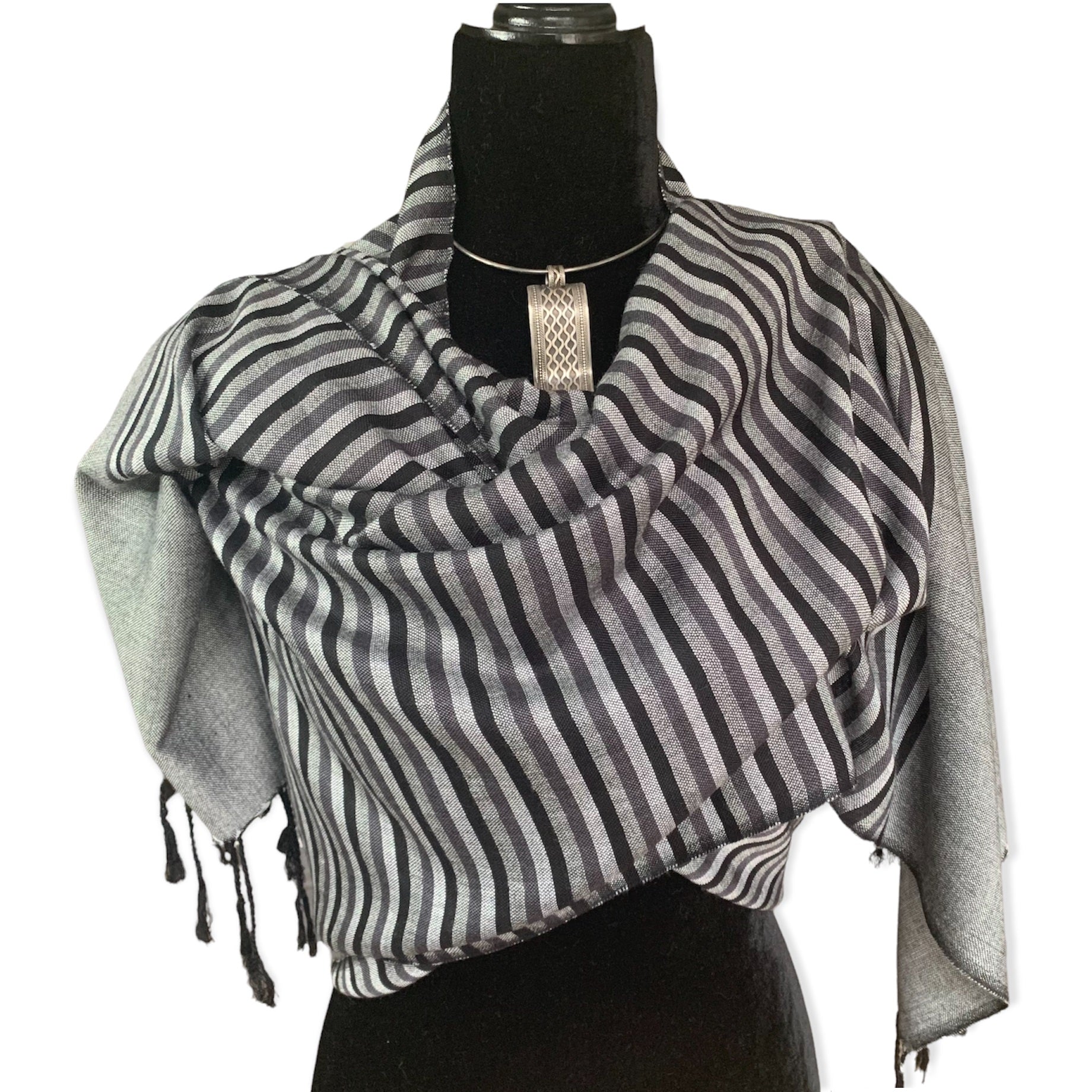 Horizontally Striped Handwoven Scarf - Shades of Gray